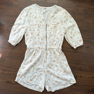 Mary Lawless Lee x Splendid Linen Floral Zip Romper Ivory 1/2 Sleeve Stretch XL